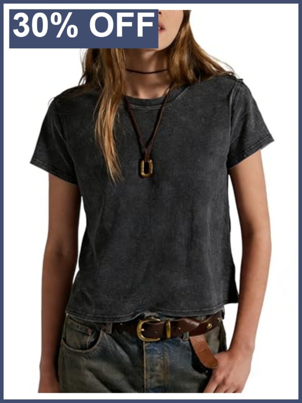 Women's Washed Cotton Crop T Shirt Vintage Acid Wash Crew Neck
